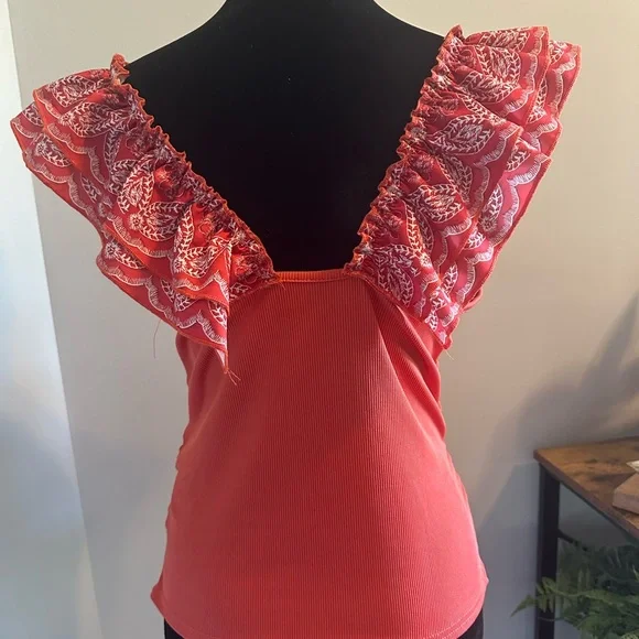 SHEIN Orange Ruched Tank with Patterned Ruffle - Picture 2 of 5